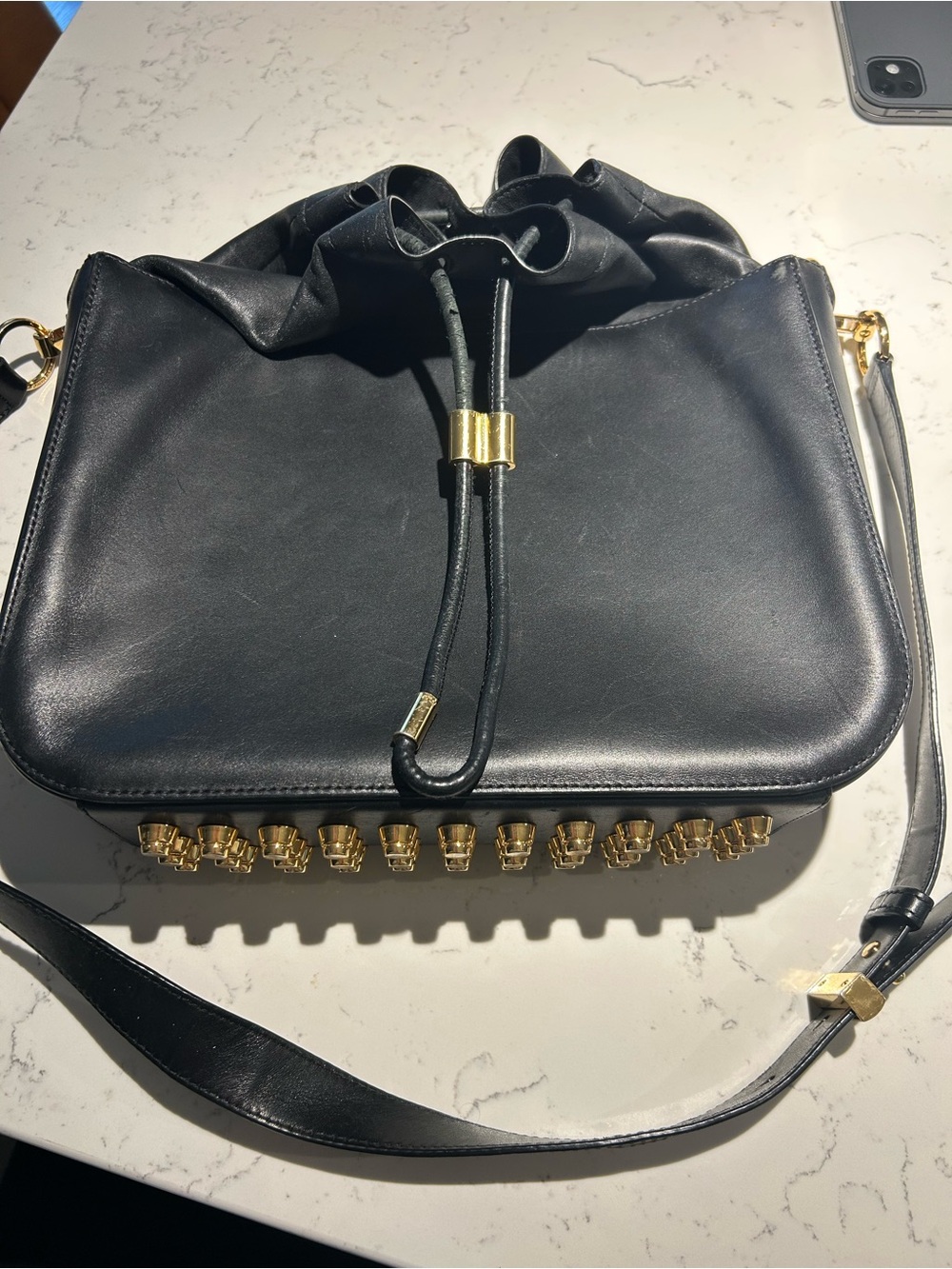 Alexander Wang Black Leather Drawstring Shoulder Bag with Gold Studs